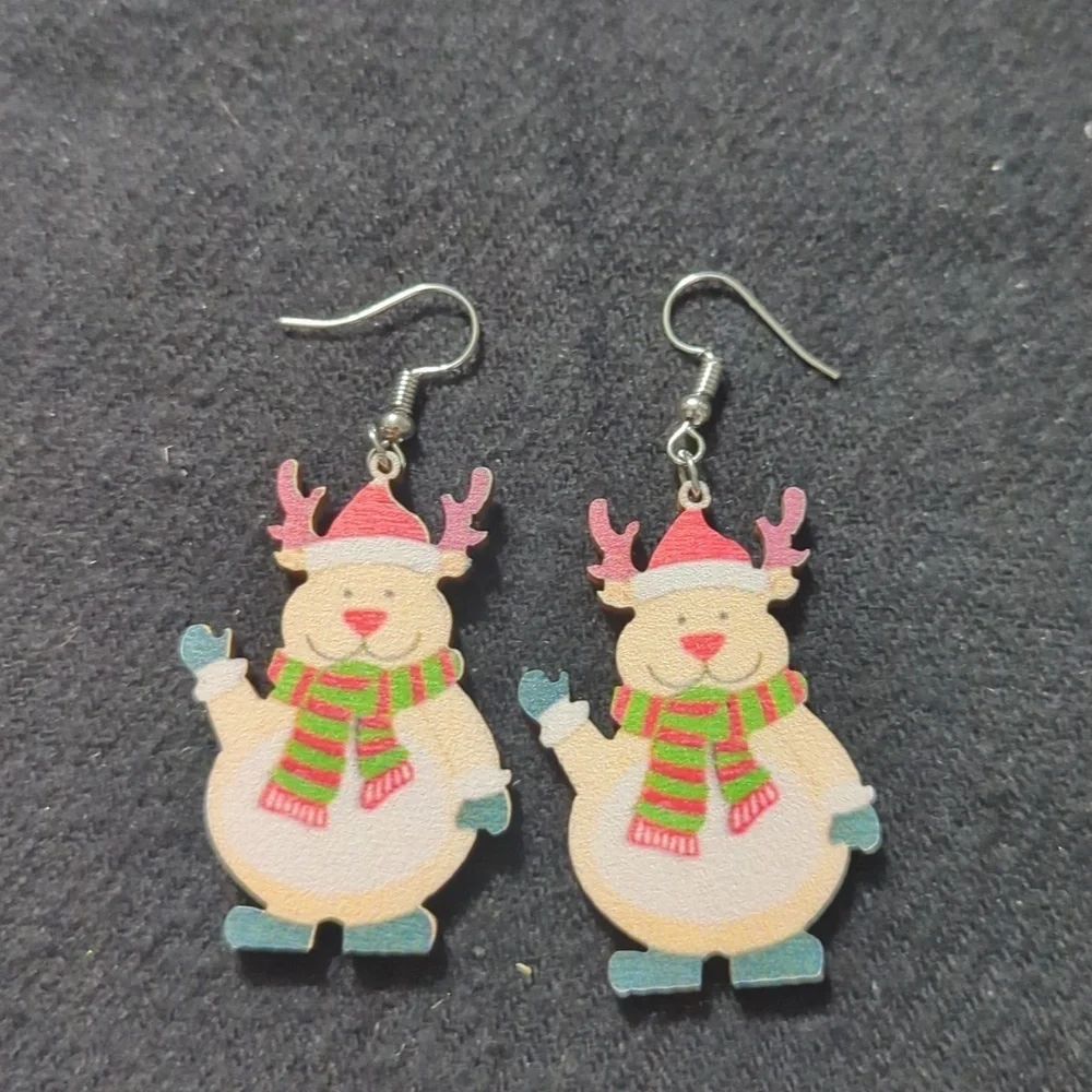 Green White Red Reindeer Christmas Holiday Wood Dangle Statement Earrings